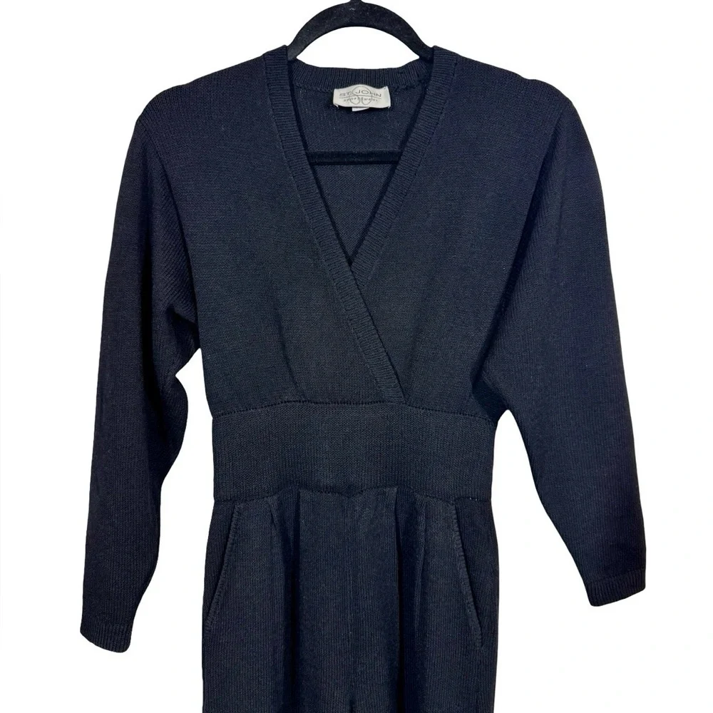 St. John Sportswear Vintage Santana Knit Surplice Pleated Jumpsuit in Black